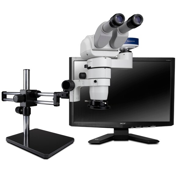 Tilting Stereo Zoom Microscope With LED Ring, Camera On Dual Arm Stand